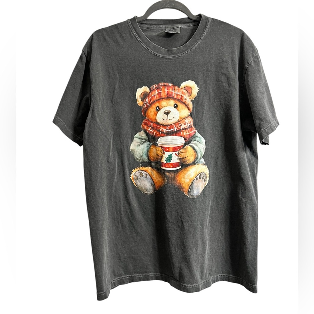 Winter Teddy Bear with Coffee on Charcoal Graphic Tee